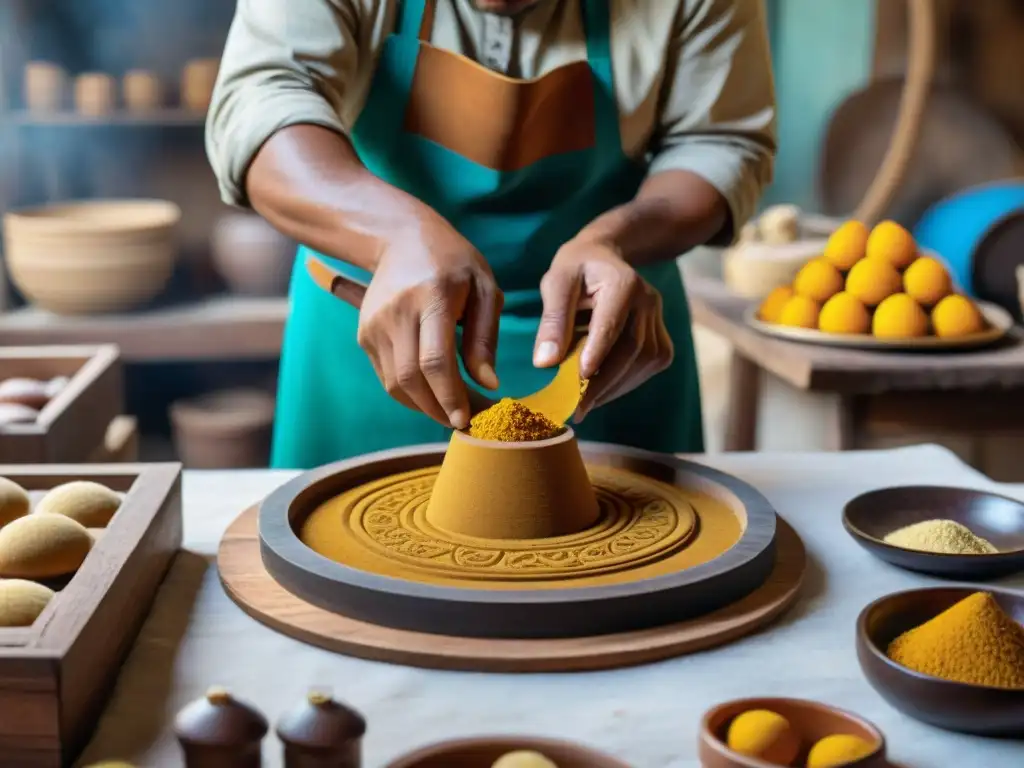 Un hábil artesano en Ica, Perú, moldea dulces peruanos tradicionales con moldes de madera intrincados