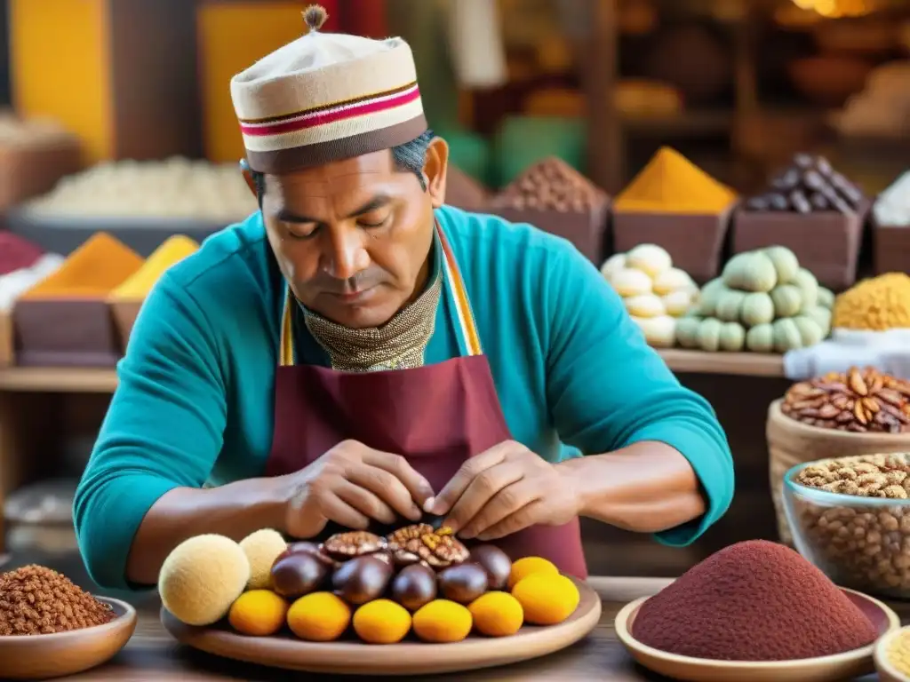 Un hábil artesano peruano elabora Chocotejas peruanas dulces tradicionales en un bullicioso mercado