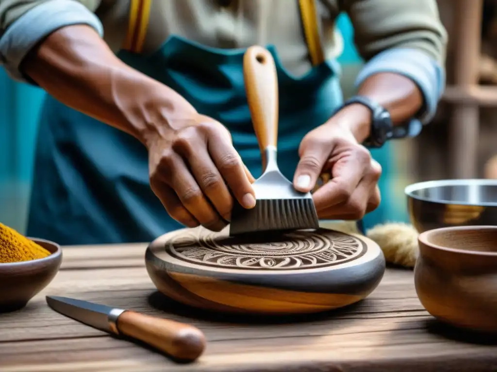 Un hábil artesano peruano talla diseños intrincados en un utensilio de cocina de madera