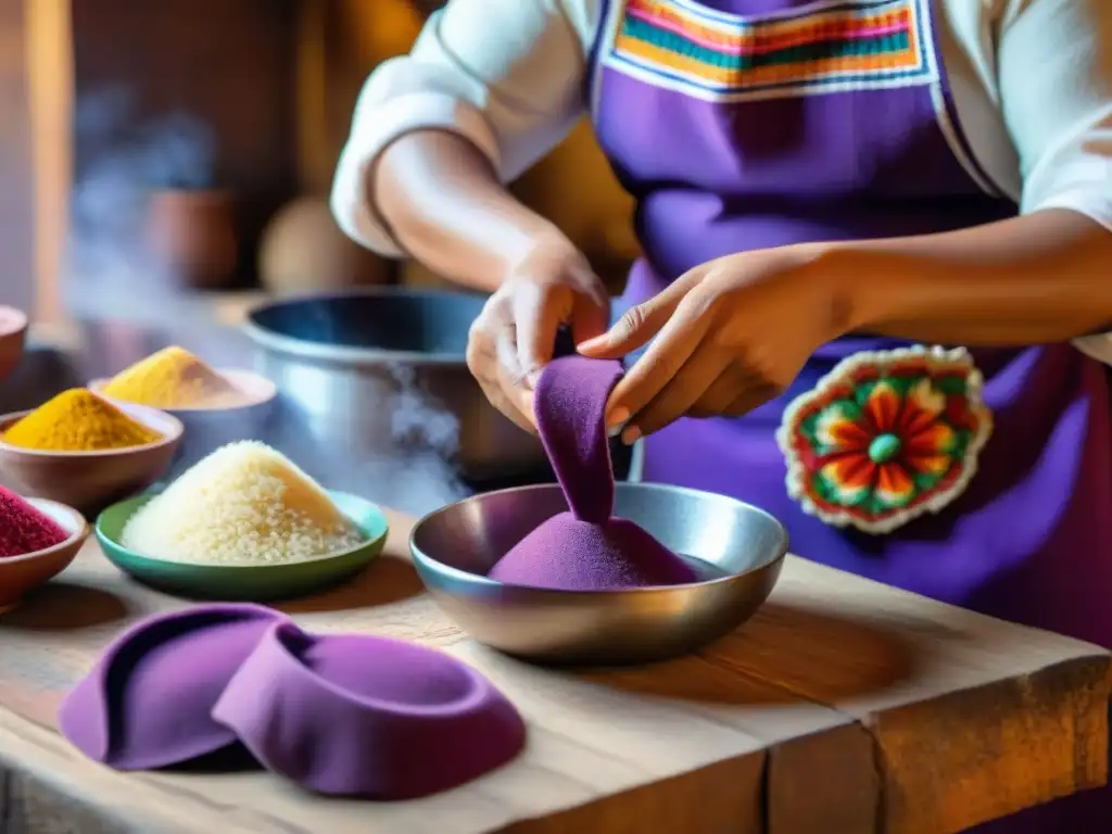 Un hábil artesano peruano vierte Mazamorra Morada en moldes, creando dulces peruanos tradicionales con destreza y precisión en una cocina rústica