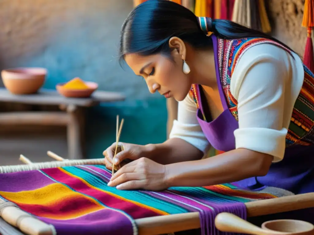 Un hábil artesano peruano tejiendo patrones en un textil rodeado de ingredientes peruanos, en un escenario cultural y acogedor