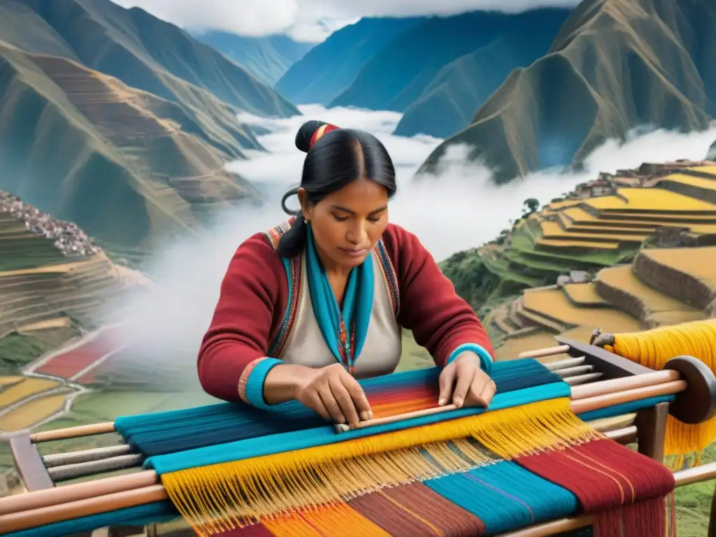 Un hábil artesano peruano tejiendo en telar tradicional en los Andes