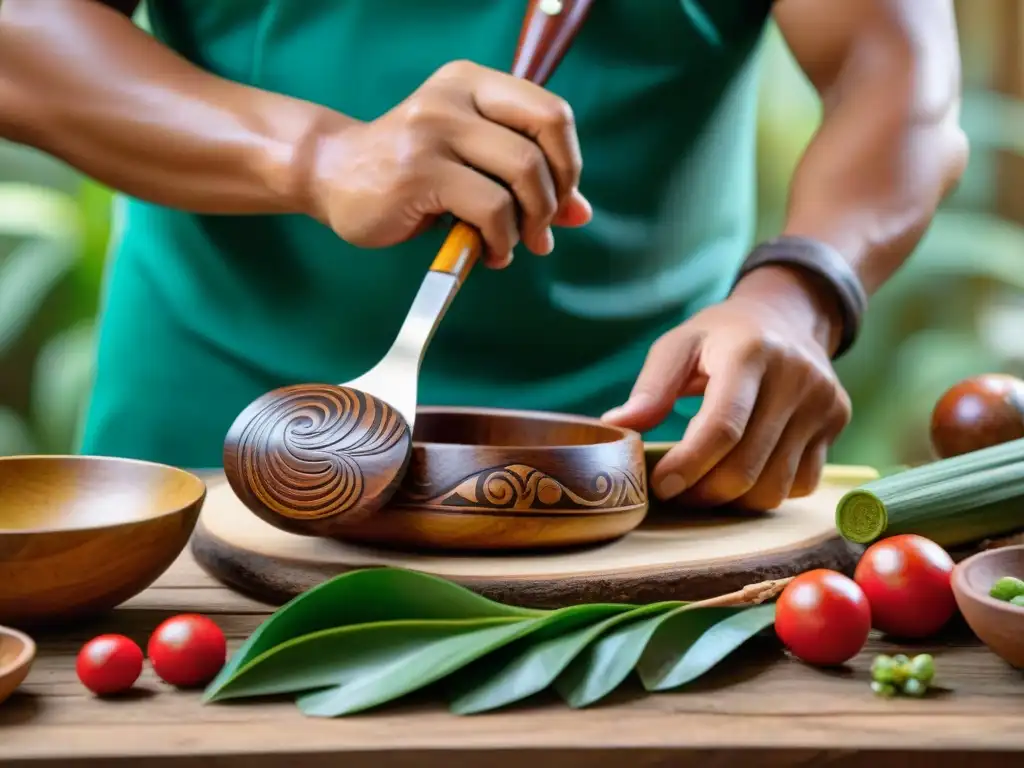 Un hábil artesano peruano tallando utensilios de madera sostenibles en un taller rústico rodeado de vegetación exuberante