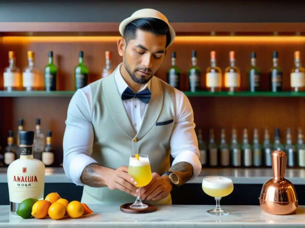 Un hábil mixólogo peruano prepara un Pisco Sour en un bar moderno