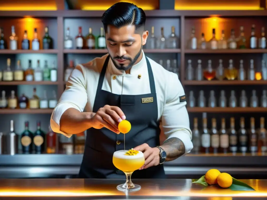 Un hábil mixólogo prepara un vibrante cóctel Pisco Sour con twist peruano en un elegante bar