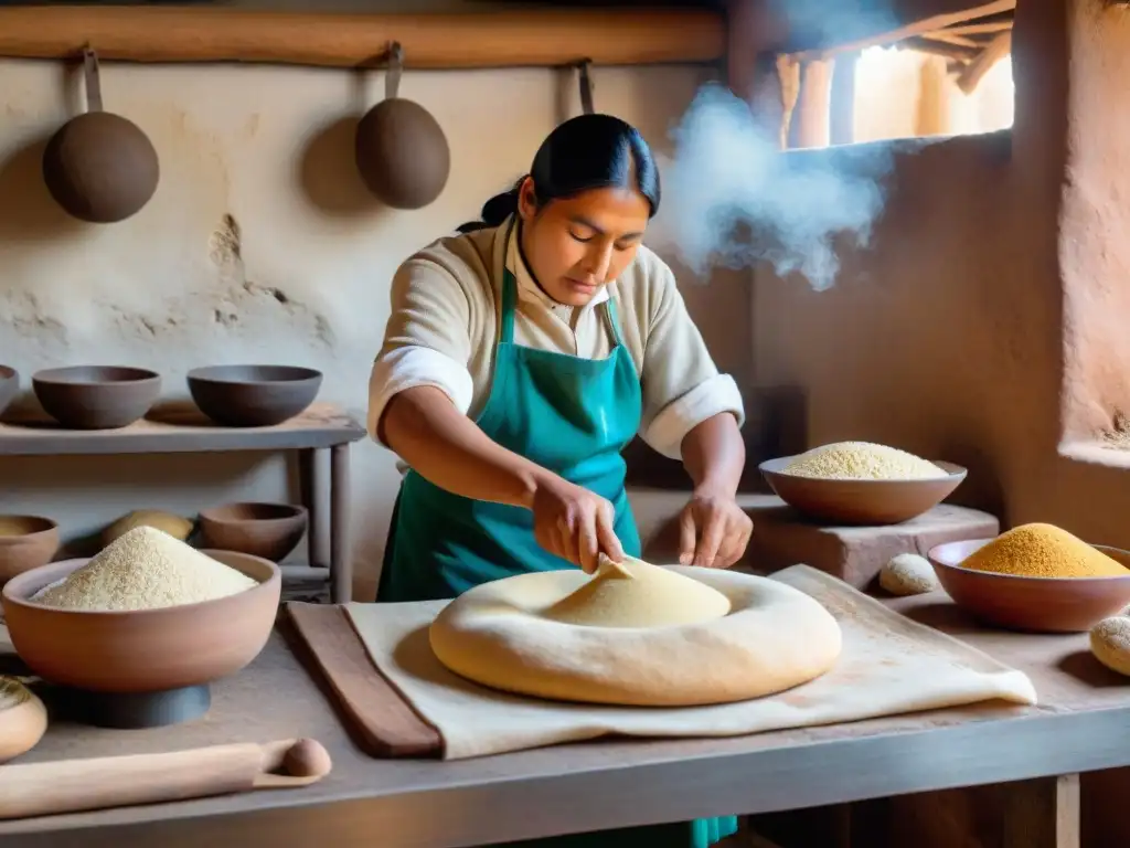 Baker ancestral peruano: tradición y destreza en la cocina Un hábil panadero en cocina peruana ancestral, elaborando pan