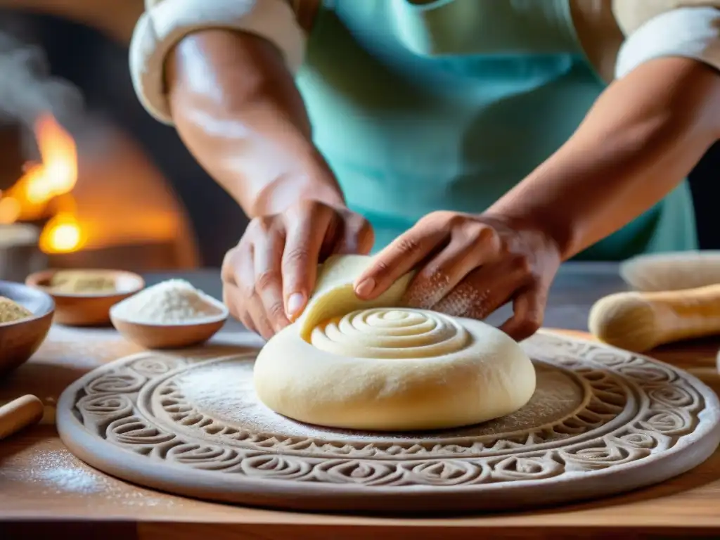 Un hábil panadero da forma a la masa de pan peruano con hornos inteligentes, mostrando la fusión de tradición e innovación