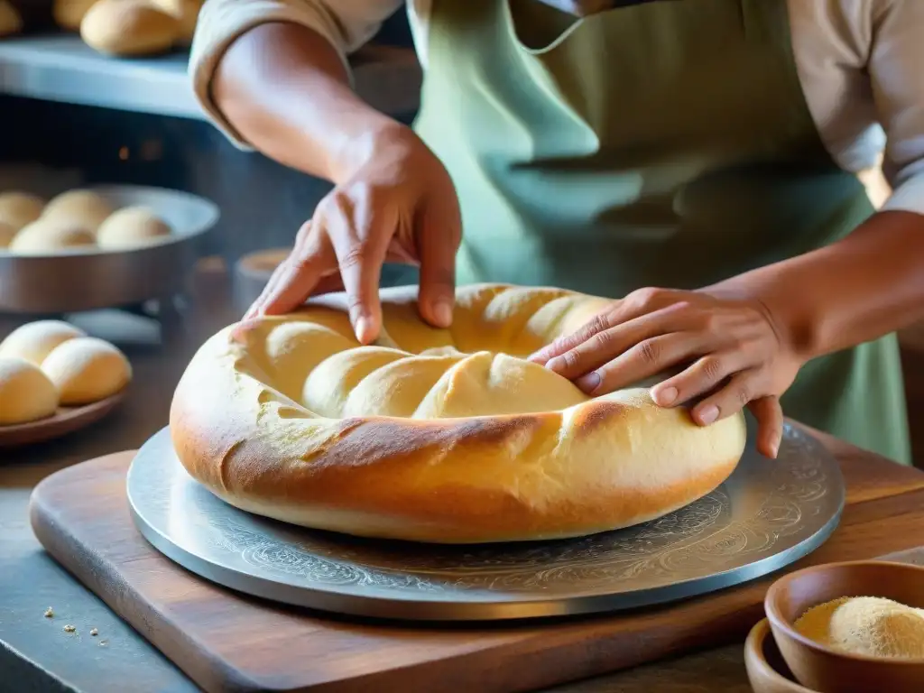 Un hábil panadero peruano da forma al tradicional pan chuta en una panadería rústica de Lima