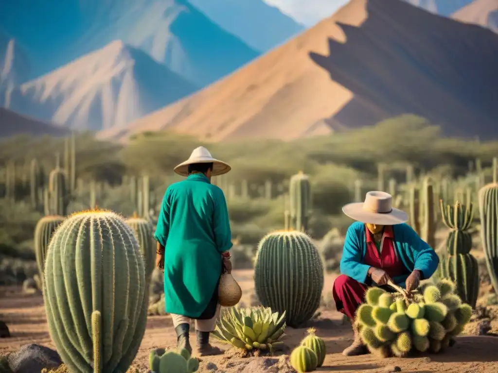 Hábiles agricultores peruanos cosechando tunas en el desierto, mostrando experticia y colorido en el proceso