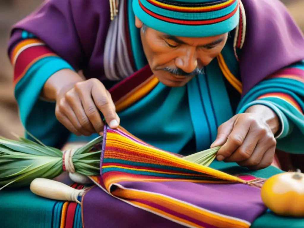 Hábiles artesanos peruanos tejiendo textiles junto a ingredientes culinarios, representando la conexión entre arte textil y gastronomía peruana