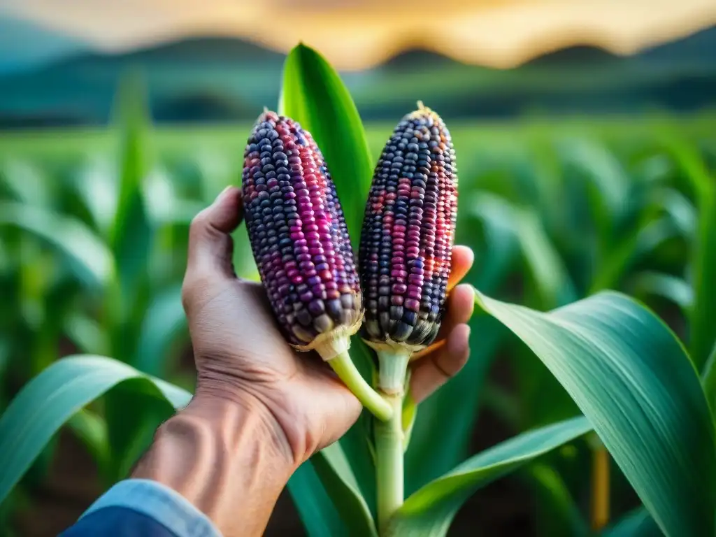 Unos hábiles y desgastados manos de agricultor sostienen un maíz morado recién cosechado, resaltando la importancia del maíz morado en Perú