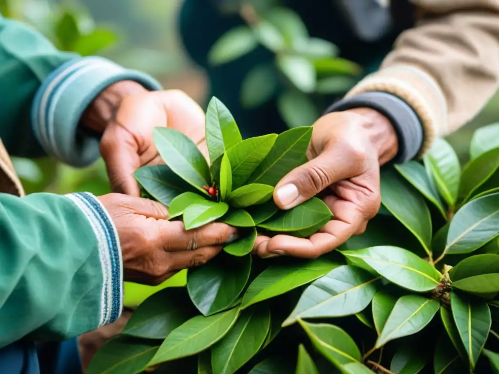 Las hábiles manos de un agricultor peruano seleccionando hojas frescas de coca para la elaboración tradicional de mate de coca, con los Andes de fondo