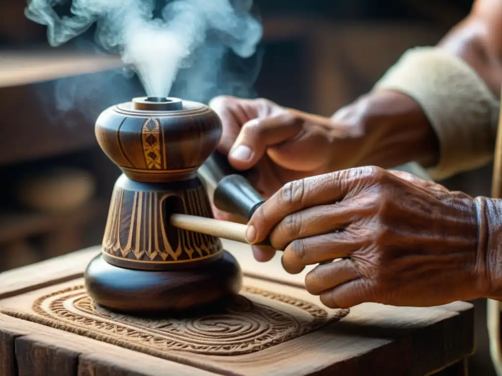 Las hábiles manos de un artesano peruano tallando un molinillo de mano tradicional con detalles intrincados en madera oscura