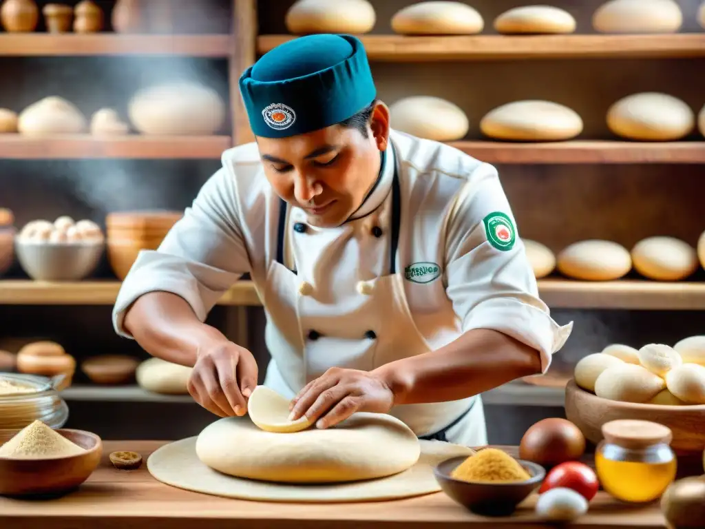 Las hábiles manos de un chef peruano moldeando masa de pan tradicional, entre ingredientes