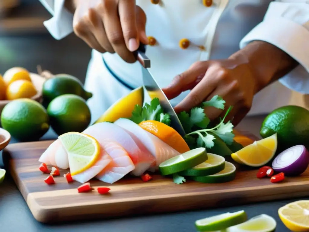 Maestría peruana: Chef cortando ingredientes para ceviche Las hábiles manos de un chef peruano preparando ceviche con precisión