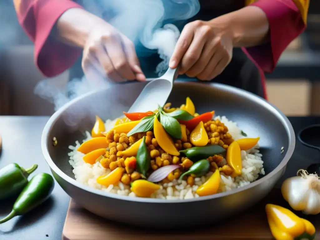 Las hábiles manos de un chef peruano rallando ajíes amarillos en un sartén humeante, resaltando la importancia de los olores en la gastronomía peruana