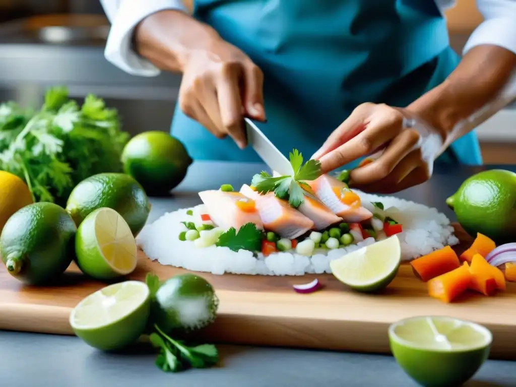 Las hábiles manos de un chef preparando pescado fresco para ceviche, destacando la historia del ceviche peruano de Gastón Acurio