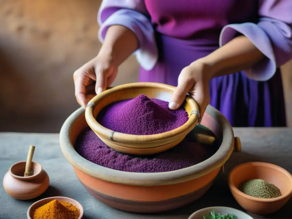 Las hábiles manos de una mujer indígena Quechua sostienen un colador de bambú sobre una olla de barro con chicha morada, en una cocina andina rústica