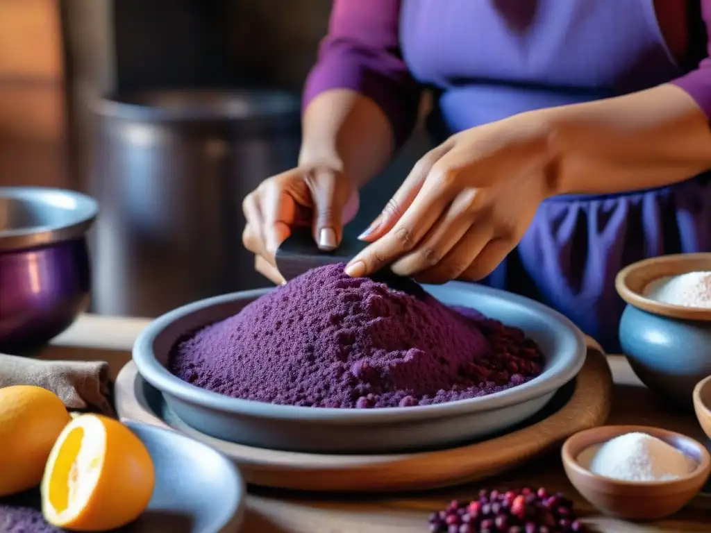 Las hábiles manos de una mujer peruana preparan Mazamorra Morada en una cocina rústica, capturando la esencia de esta receta tradicional