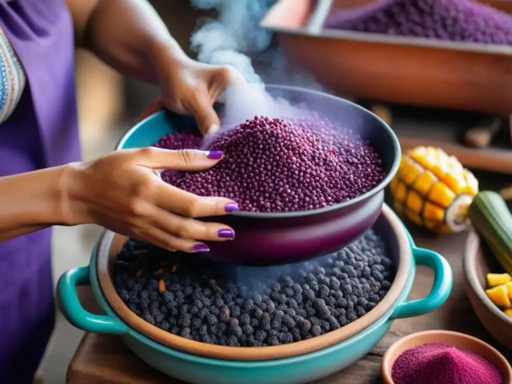 Las hábiles manos de una mujer peruana preparando chicha morada en una cocina rústica