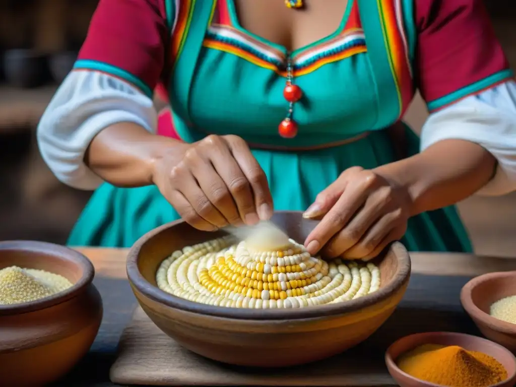 Las hábiles manos de una mujer peruana moliendo maíz para hacer chicha de jora en un tazón de madera rústico, en una cocina tradicional