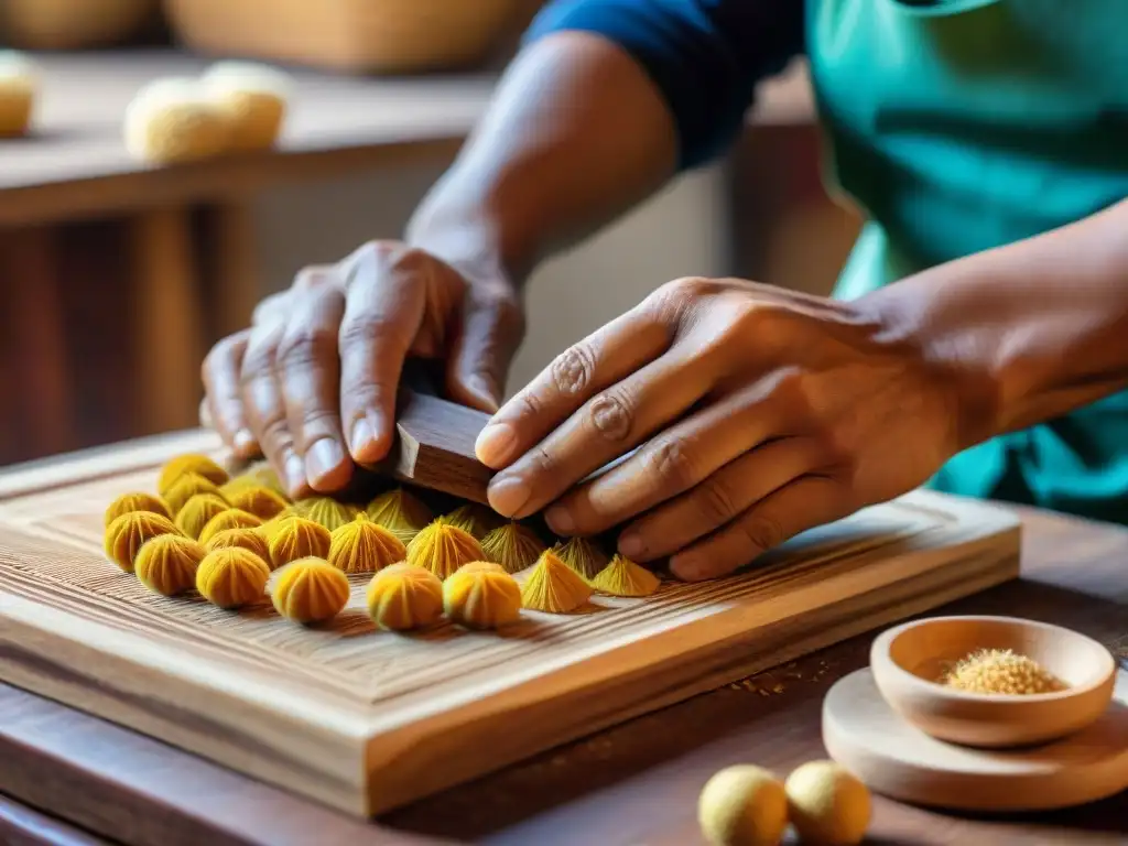 Habilidoso artesano peruano tallando moldes para dulces peruanos tradicionales