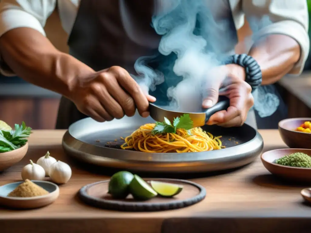 Habilidoso chef peruano usando utensilios de cocina precolombinos en preparación de plato tradicional