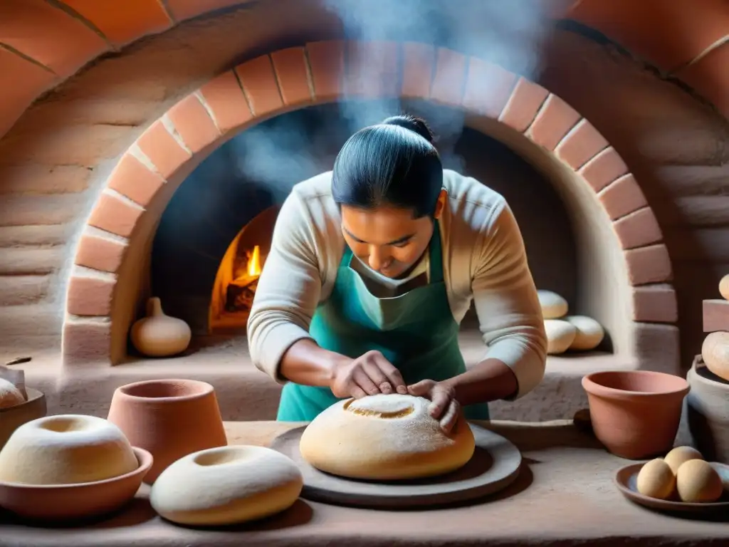 Un habilidoso panadero peruano moldea masa en un horno de barro para panes, en una escena llena de arte y tradición