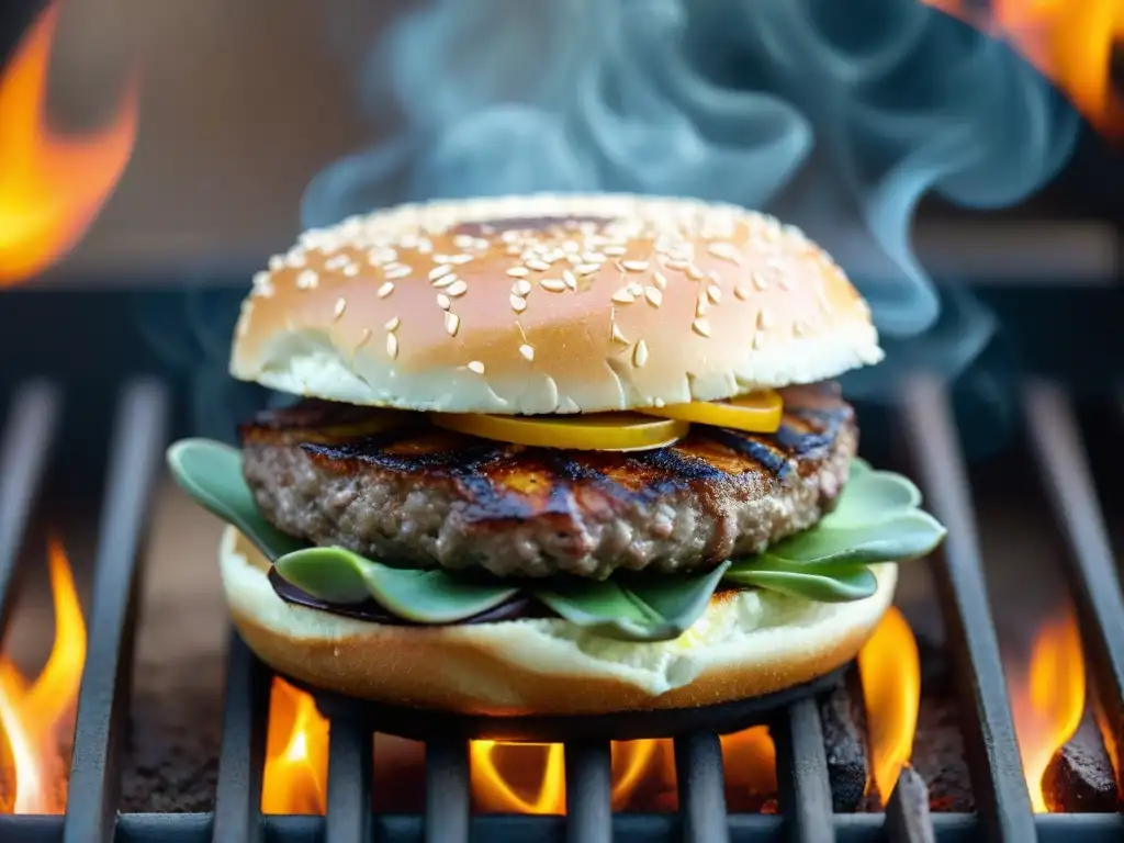 Hamburguesa al estilo peruano siendo asada a la perfección en la parrilla, desprendiendo deliciosos aromas