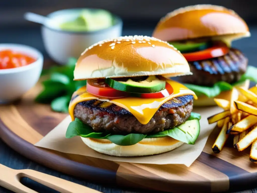 Hamburguesa al estilo peruano con salsa de aji amarillo, salsa criolla y aguacate, servida en un mercado callejero vibrante en Perú