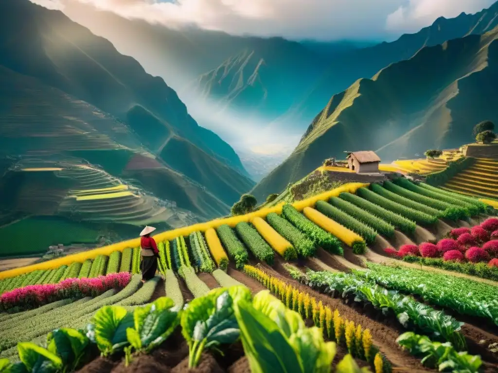 Hermosa agricultura sostenible en Perú: campesinos cosechando quinua y hortalizas en los Andes, bajo el sol dorado