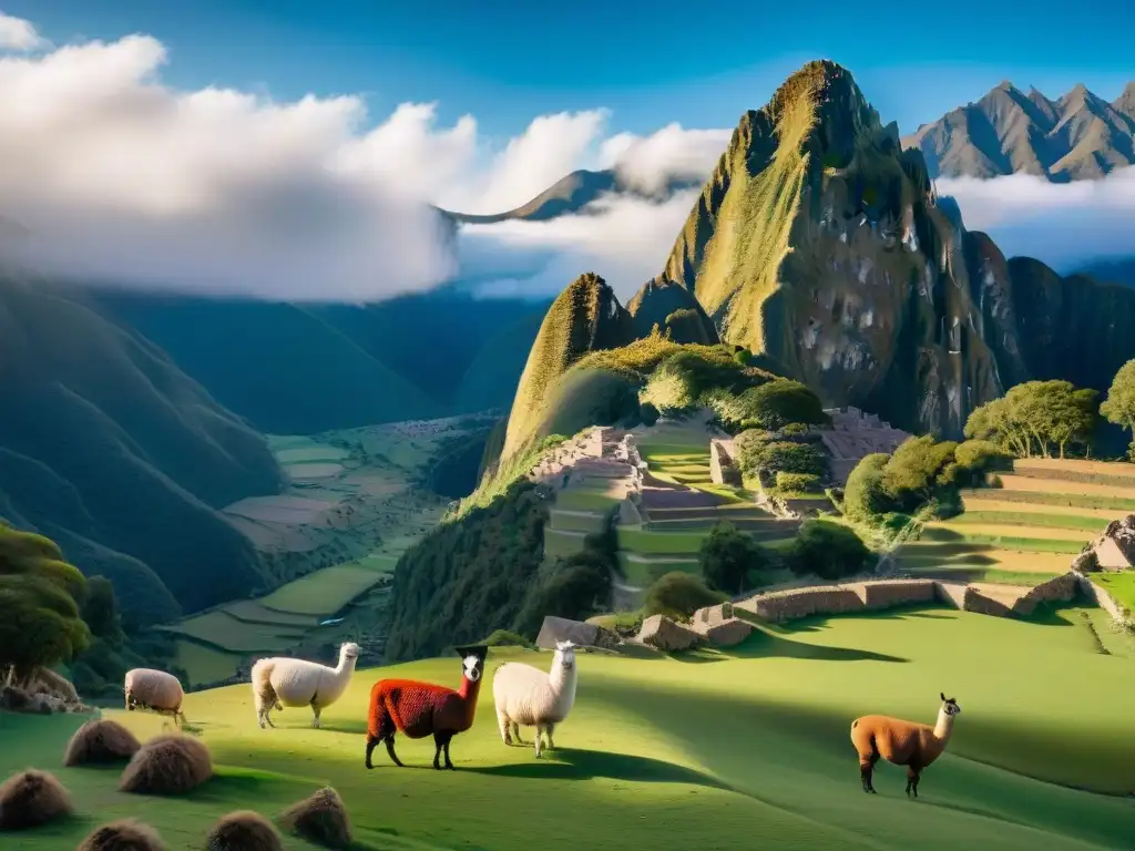 Hermosa imagen de ganadería sostenible en gastronomía en una granja peruana en los Andes, con alpacas y paisaje montañoso