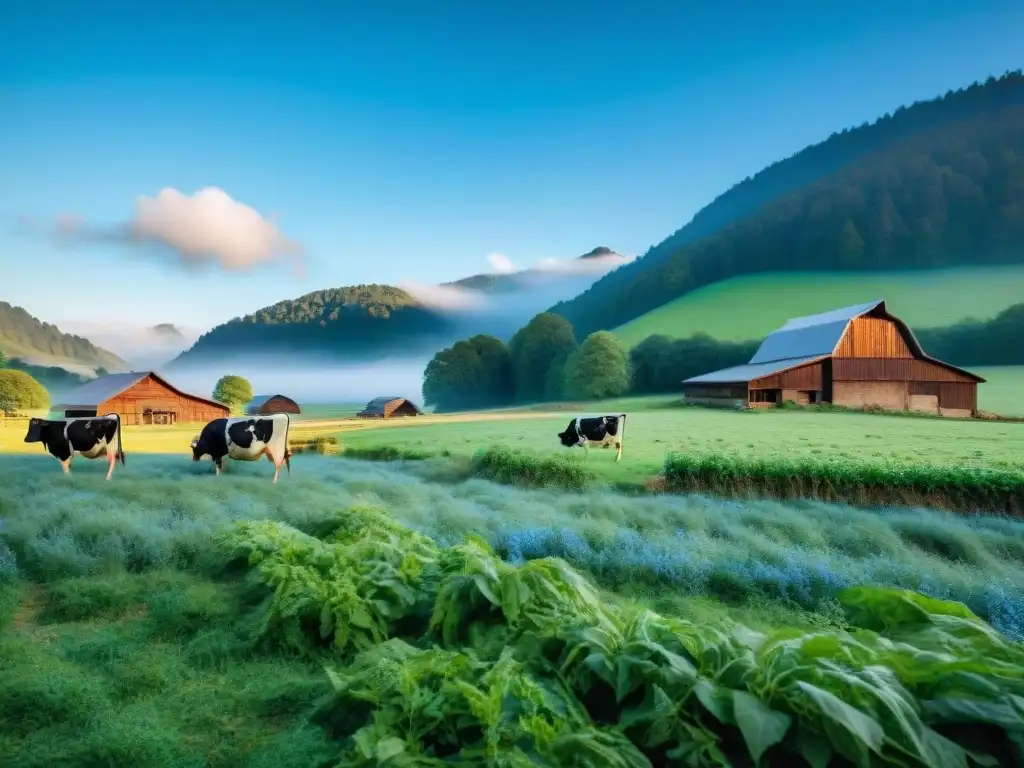 Hermosa imagen de ganadería sostenible en gastronomía: vacas felices pastando en un prado verde bajo un cielo azul