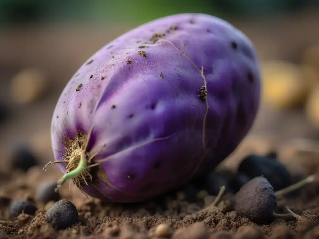 Una hermosa papa nativa peruana púrpura en detalle, resaltando su textura y colores únicos