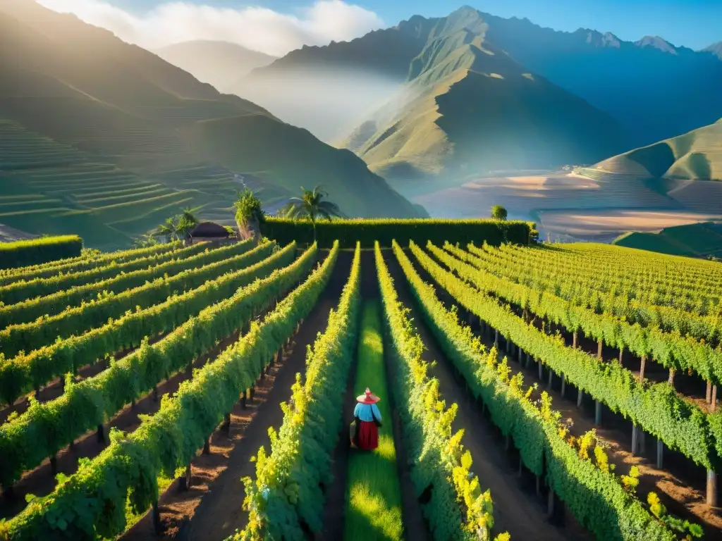 Hermosa viña peruana al amanecer con vendimiadores locales en la historia del pisco peruano