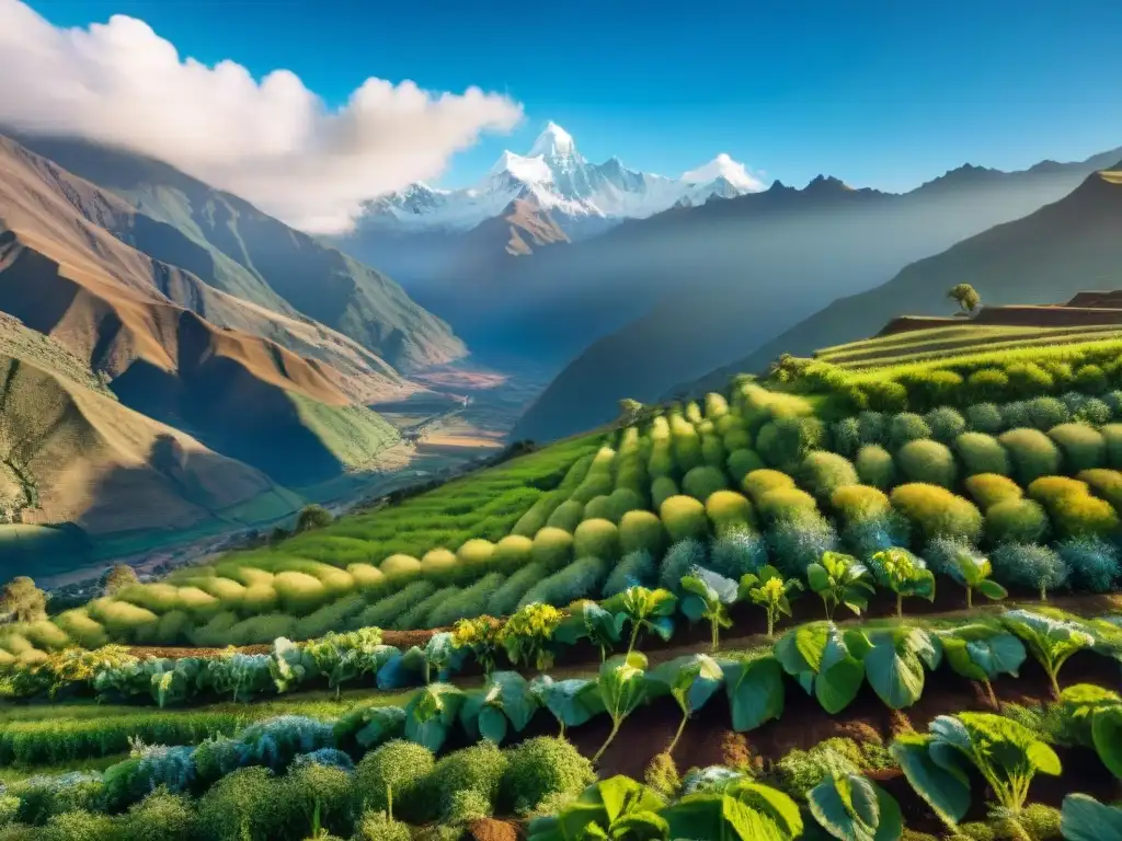 Hermoso campo de maca en los Andes, agricultores en terrazas