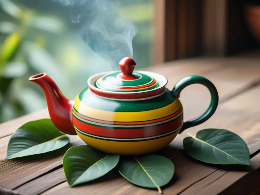 Un hermoso y detallado diseño andino en un tradicional tetera peruana de cerámica, rodeada de hojas de té verde