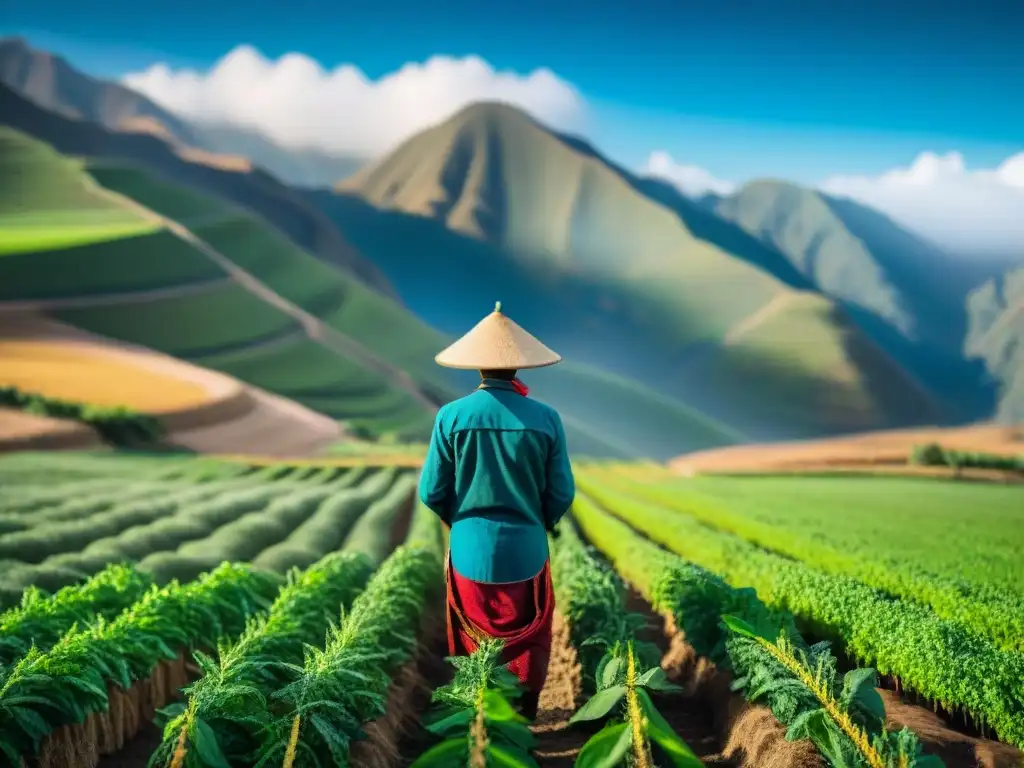 Hermoso paisaje de agricultura sostenible en Perú: campos verdes de quinua y agricultores locales trabajando en armonía con la naturaleza