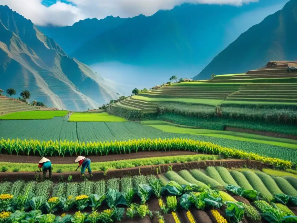 Hermoso paisaje andino con agricultura sostenible y montañas nevadas al fondo