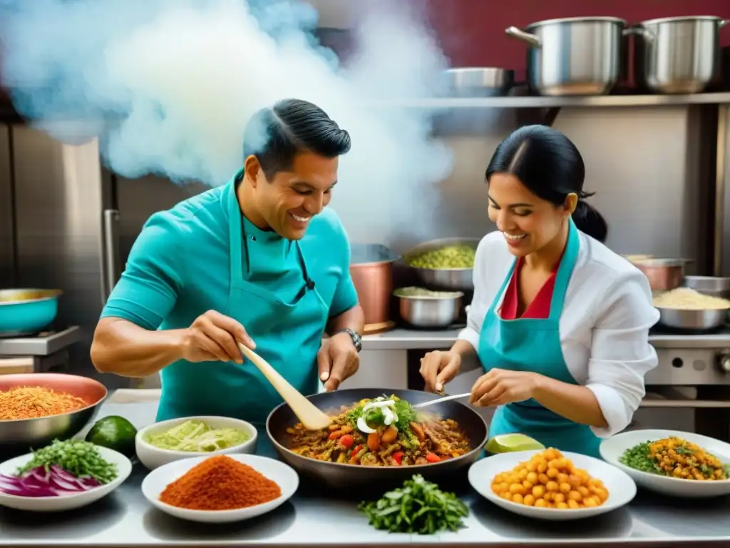 Historia de Astrid y Gastón: Astrid Gutsche y Gastón Acurio en su bulliciosa cocina peruana, creando platos vibrantes y deliciosos