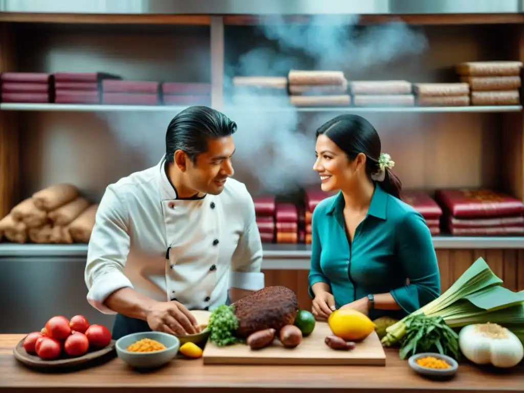 Historia de Astrid y Gastón: Jóvenes chefs discuten ideas culinarias rodeados de libros y ingredientes frescos en su bulliciosa cocina