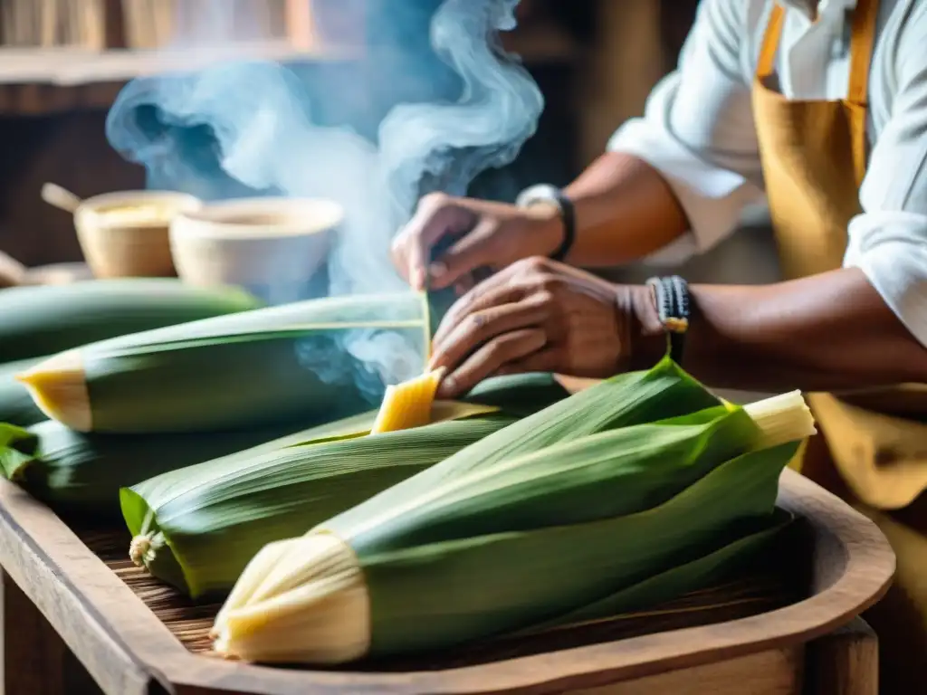 Historia del tamalero peruano: Artesanos crean tamales tradicionales en una cocina rústica de Perú