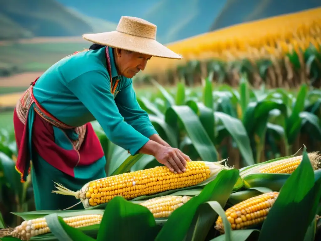Campesino peruano cosechando maíz en los Andes La historia del maíz en Perú cobra vida con un agricultor peruano cosechando mazorcas de maíz en los Andes