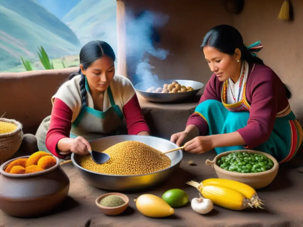 Un hogar andino peruano vibrante con mujeres preparando recetas tradicionales de la cocina andina peruana