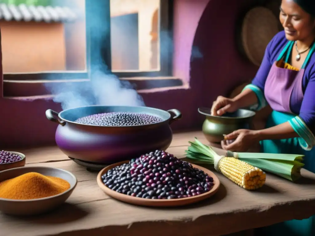 Un hogar peruano tradicional con maíz morado en diversas etapas de preparación