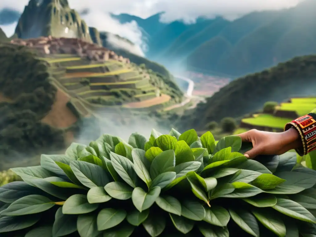 Recolección tradicional de hojas de muña en los Andes, destacando sus beneficios para la salud