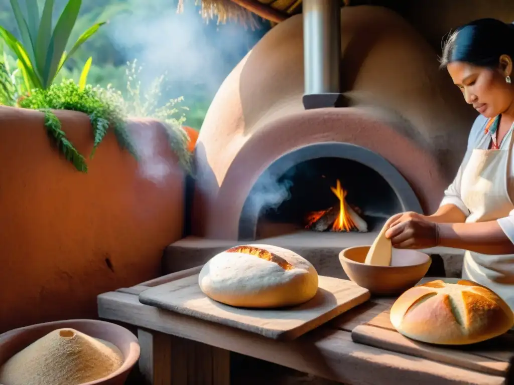 Un horno de barro para panes en la campiña peruana, con un panadero experto colocando un pan recién horneado