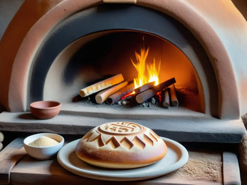 Un horno de barro para panes con decoraciones intrincadas, fuego y pan recién horneado en una bandeja de madera rústica