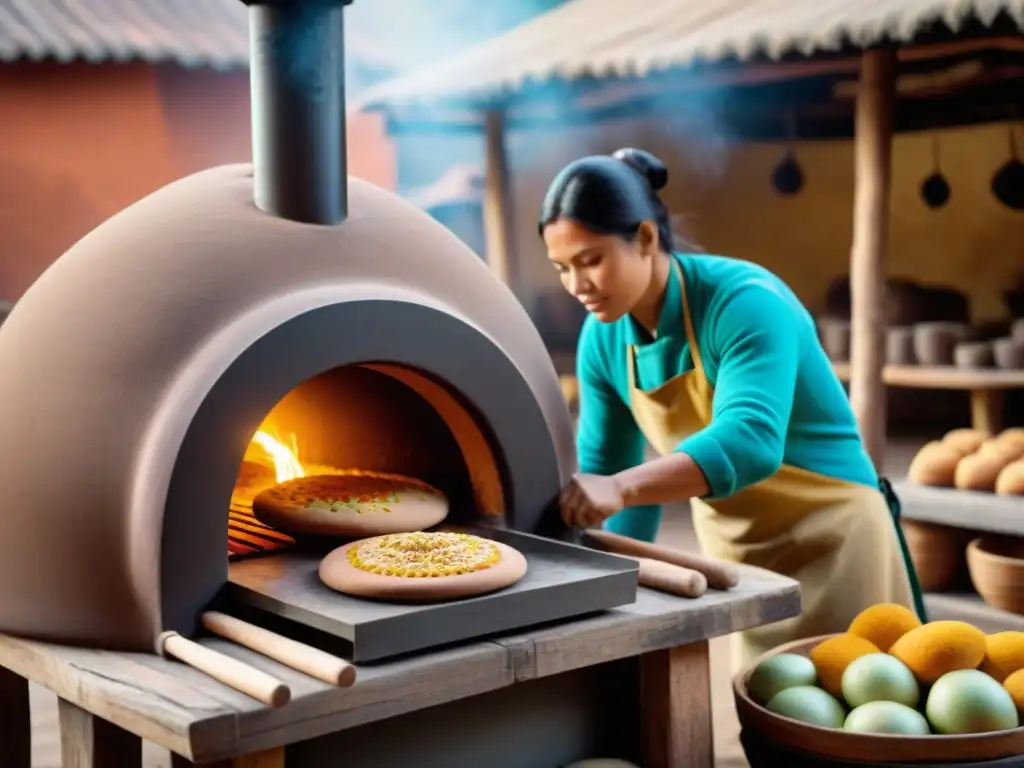 Horno de barro para panes en mercado peruano: artesanía culinaria y tradición en detalle