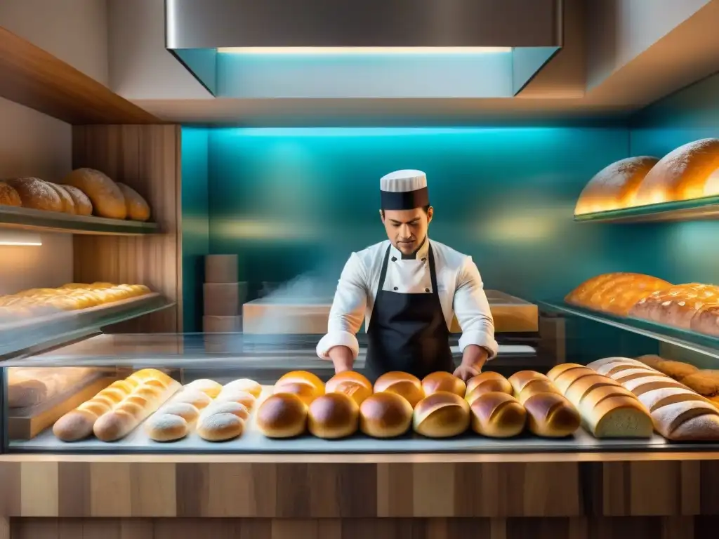 Un horno iluminado resalta la fusión de panes peruanos tradicionales con un toque moderno en una panadería bulliciosa